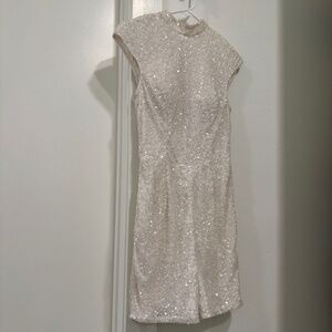 ASHLEYlauren White Sequin Romper Size 4 | High Neck Sparkle Romper | Formal Part